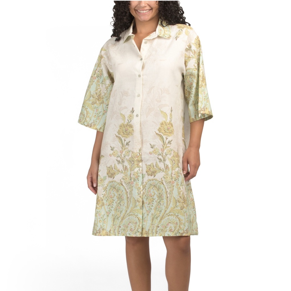 Spighe de Lino Made in Italy Linen Blend Three Quarter Sleeve Mid Dress